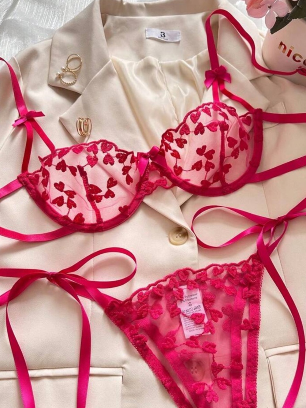 Hot Pink Heart Embroidered Lingerie Set
